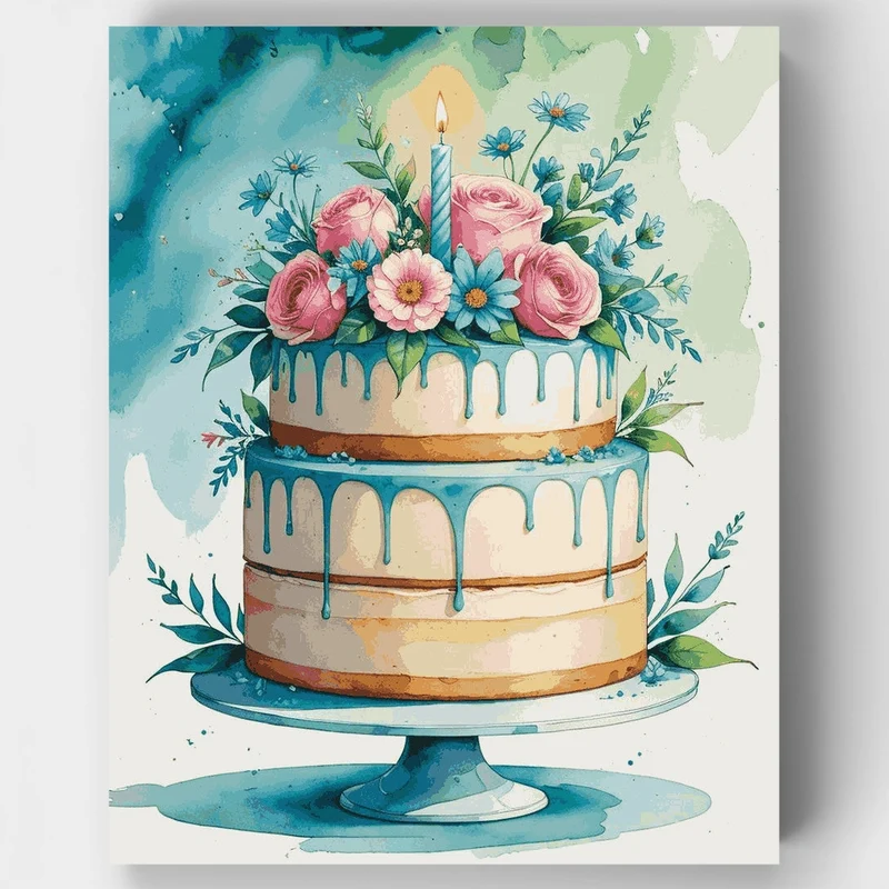 Birthday Cake with Blue Drip and Pink Roses - Paint by Numbers Kit