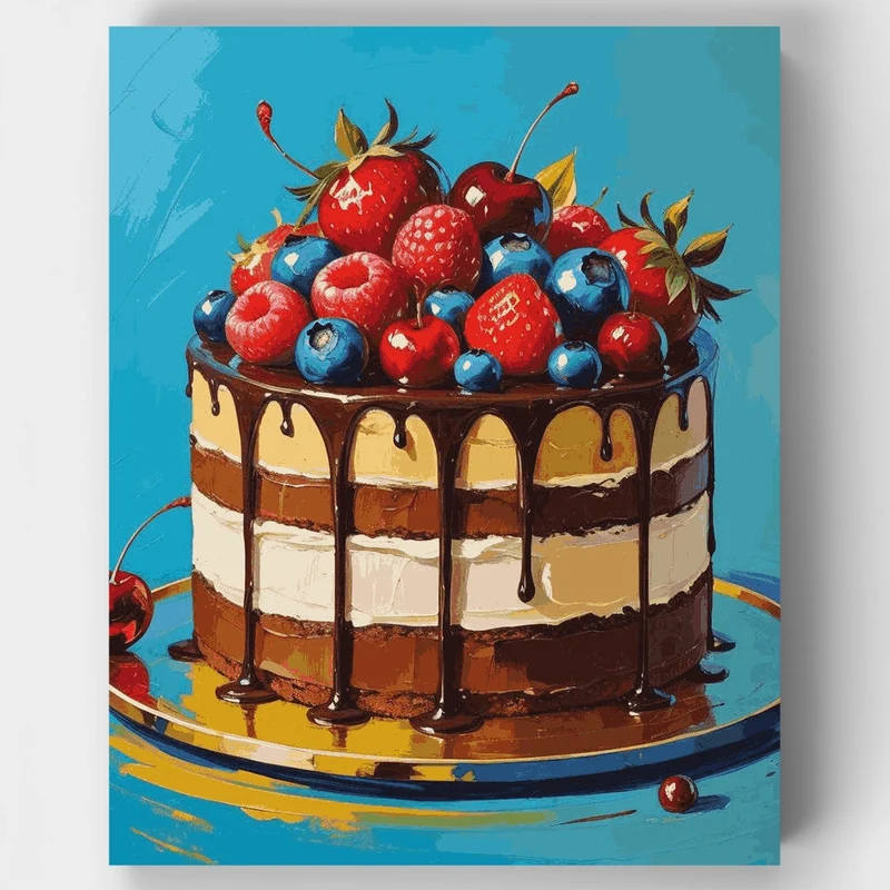 Berries and Chocolate Drip Cake - Paint by Numbers Kit