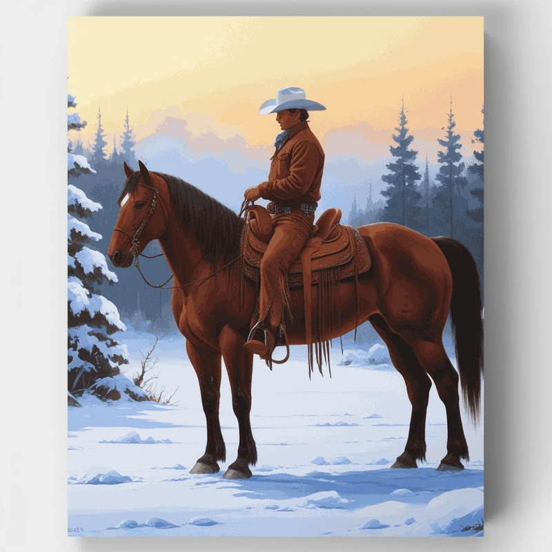 Winter Cowboy at Sunset - Paint by Numbers Kit