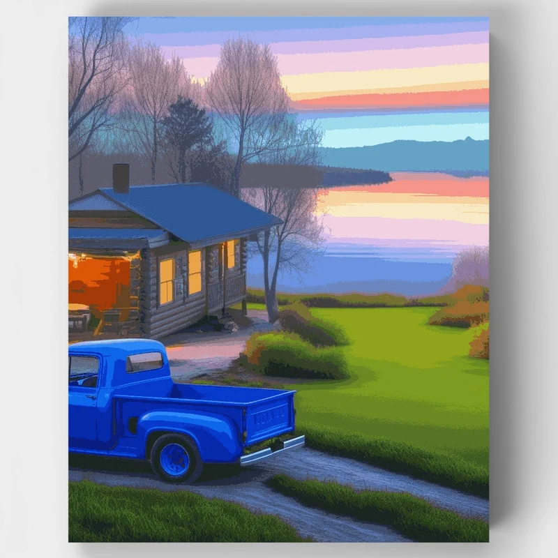 Lakeside Cabin with Blue Truck - Paint by Numbers Kit