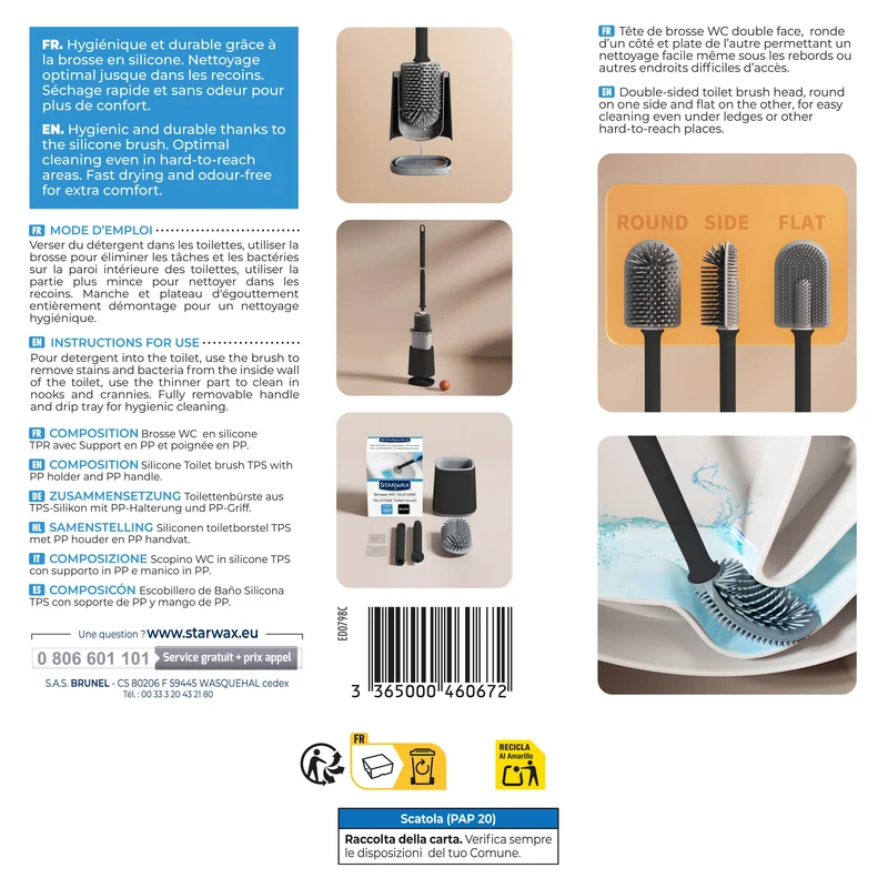Brosse toilette silicone avec support mural