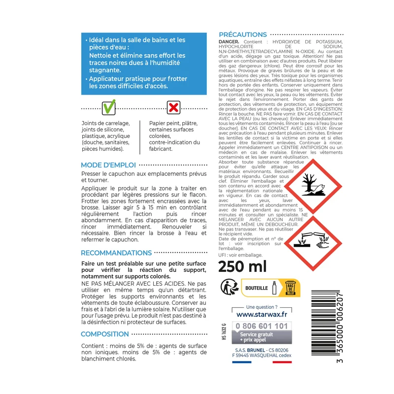 Rénovateur joints - action blanchissante avec Javel - Gel avec brosse intégrée