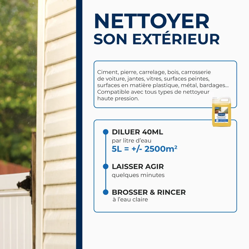 Nettoyant décrassant pour toitures, murs, et sols extérieurs