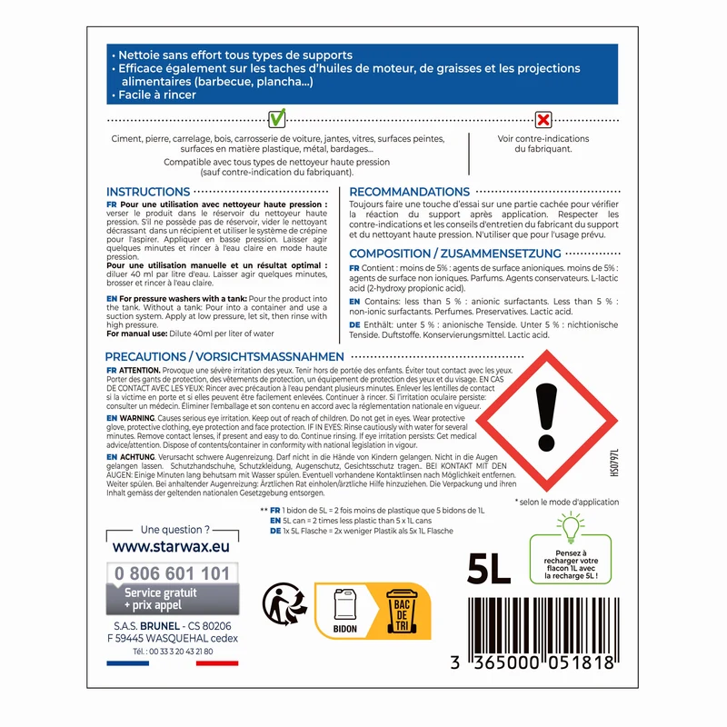Nettoyant décrassant pour toitures, murs, et sols extérieurs