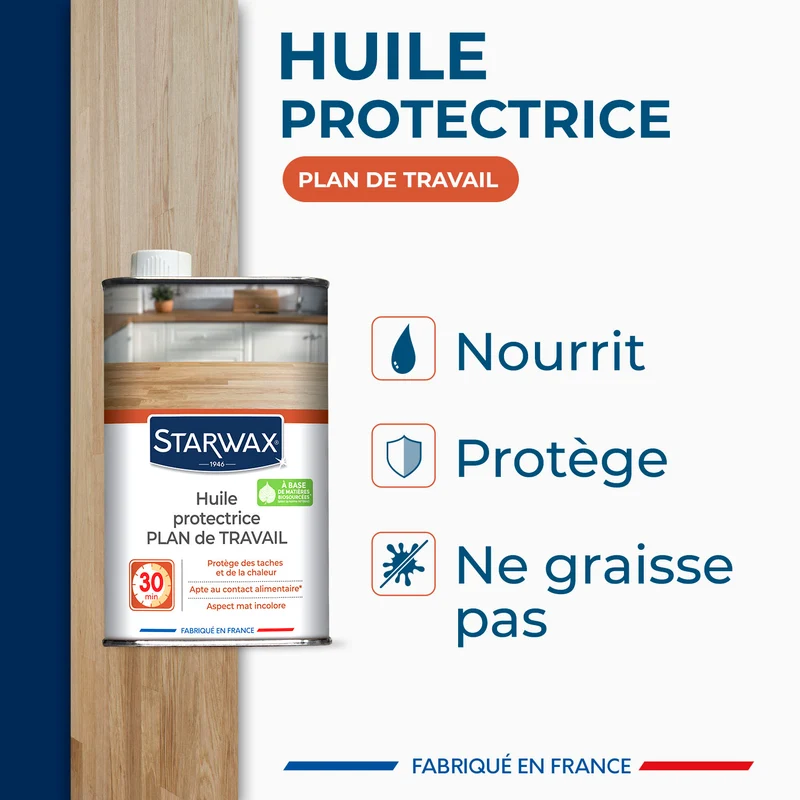Huile protectrice pour plan de travail en bois huilé