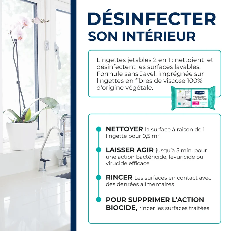 Lingettes nettoyantes désinfectantes multi-surfaces