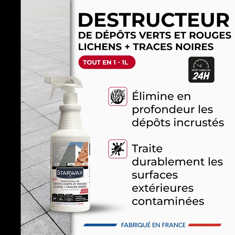 Destructeur de dépôts verts, rouges, lichens et traces noires prêt à l'emploi pour toitures, murs et sols extérieurs