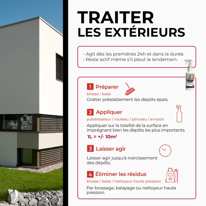 Destructeur de dépôts verts, rouges, lichens et traces noires prêt à l'emploi pour toitures, murs et sols extérieurs