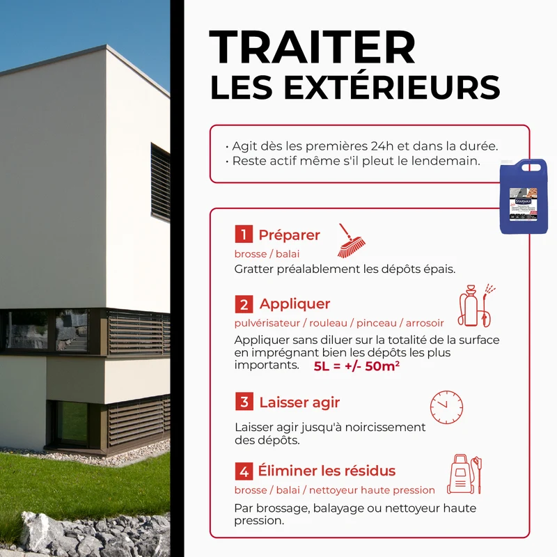 Destructeur de dépôts verts, rouges, lichens et traces noires prêt à l'emploi pour toitures, murs et sols extérieurs