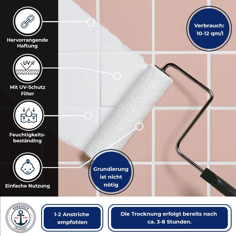 Fliesenfarbe in Kieselgrau RAL 7032 - Fliesenlack mit Lackierset (X500) - Hamburger Lack-Profi
