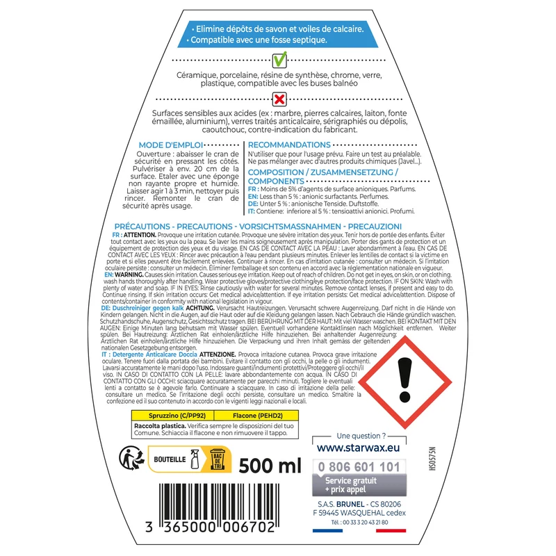 Nettoyant anti-calcaire pour cabine de douche