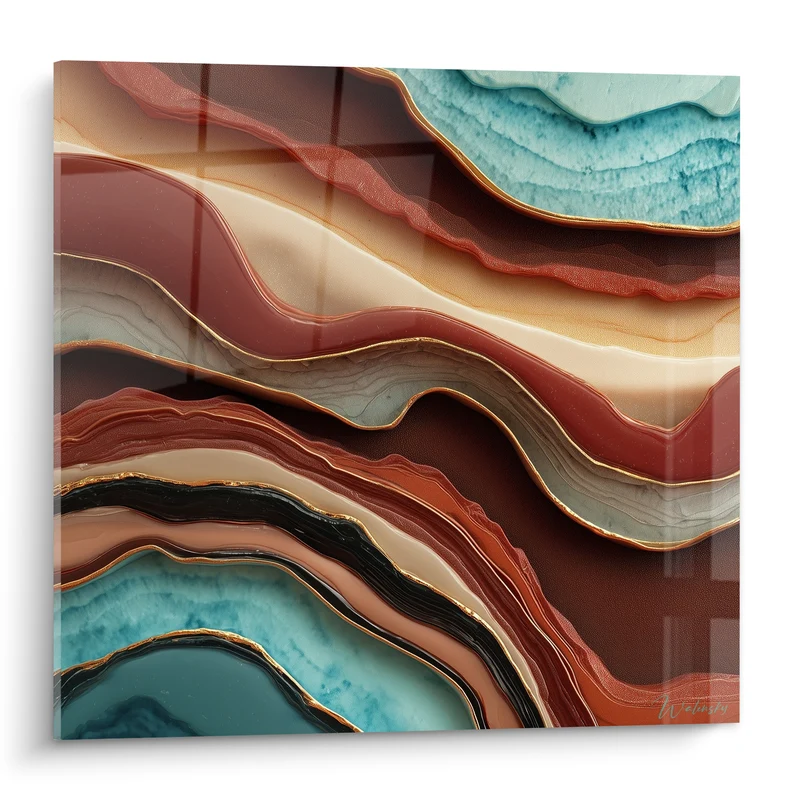 Tableau Vagues d'agate brique et turquoise cerclées d'or - Veines dorées sinueuses - Edition Terracotta
