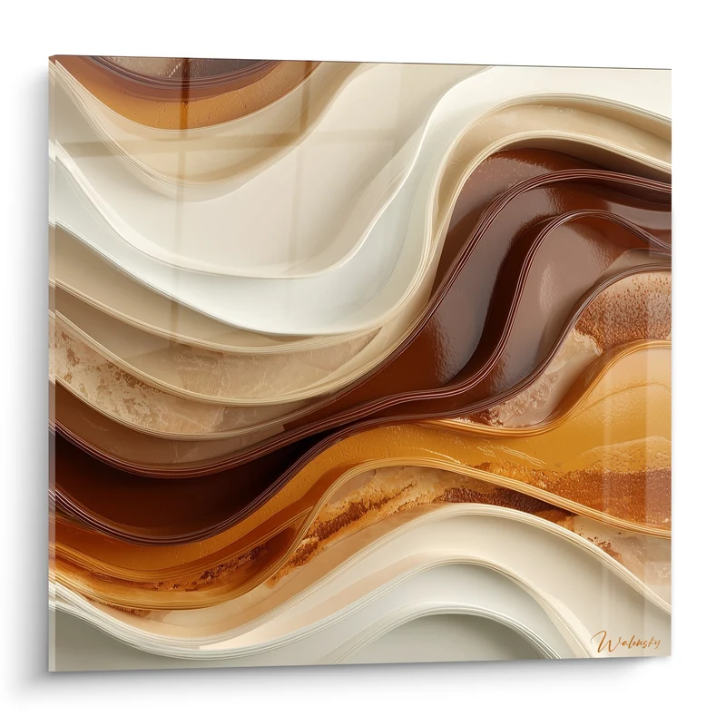 Tableau Vagues fluides ivoire et brun terracotta - Coulée hypnotique - Edition Terracotta