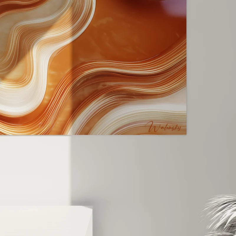 Tableau Vagues sinueuses cuivre et blanc marbré - Coulée figée - Edition Terracotta