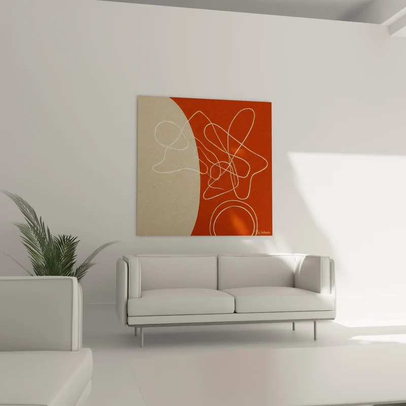 Tableau Ligne blanche sinueuse sur fond terracotta beige - Pensée en mouvement - Edition Terracotta