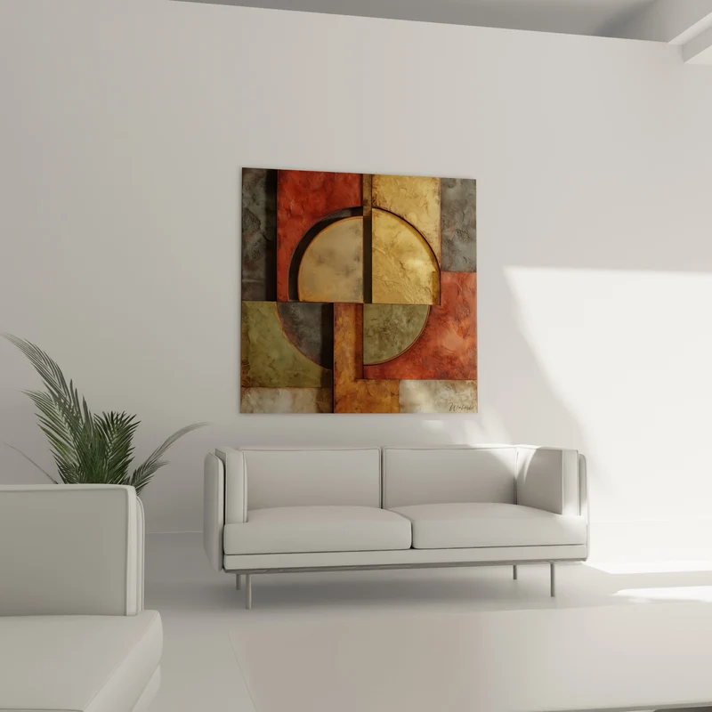 Tableau Cercles dorés aux blocs rouille et anthracite - Équilibre minéral - Edition Terracotta