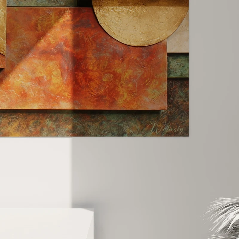 Tableau Composition géométrique dorée et rouille texturée - Vestige doré - Edition Terracotta