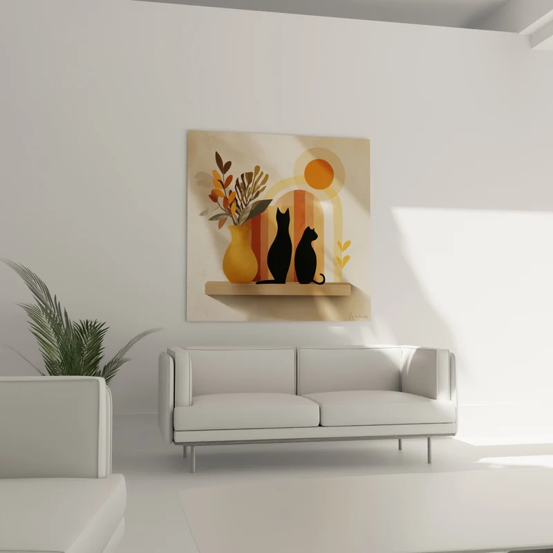 Tableau Chats noirs et vase ocre sur étagère - Silhouettes féline sur bois - Edition Terracotta
