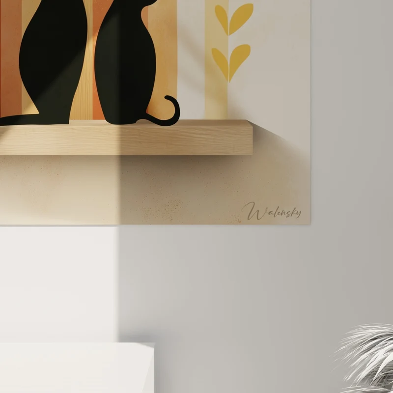 Tableau Chats noirs et vase ocre sur étagère - Silhouettes féline sur bois - Edition Terracotta