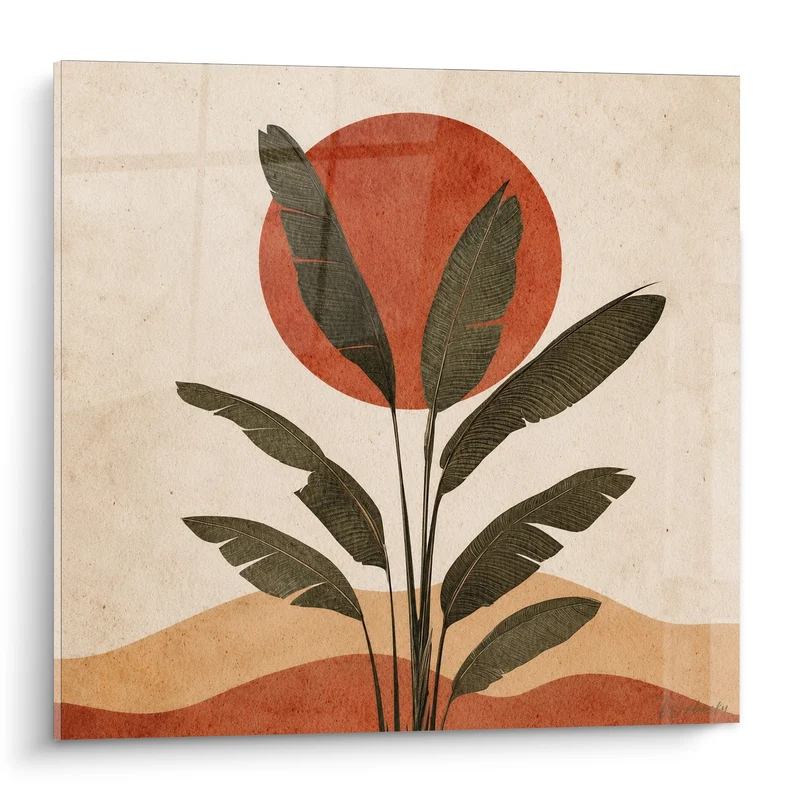 Tableau Bananier vert et soleil rouge argile - Silhouette du crépuscule - Edition Terracotta