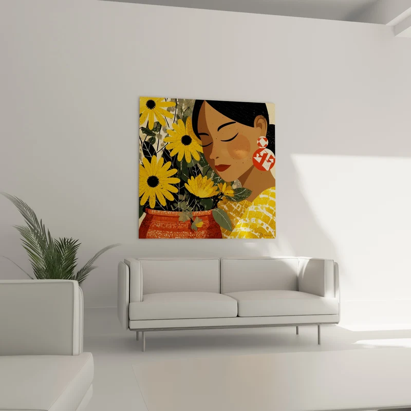 Tableau Femme au visage doré et fleurs jaunes - Instant de respiration - Edition Terracotta