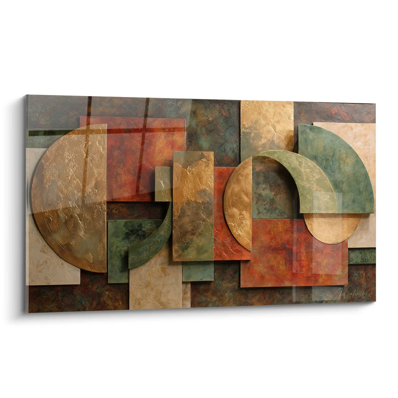 Tableau Cercles dorés et vert émeraude blocs superposés - Panneaux rectangulaires patinés - Edition Terracotta