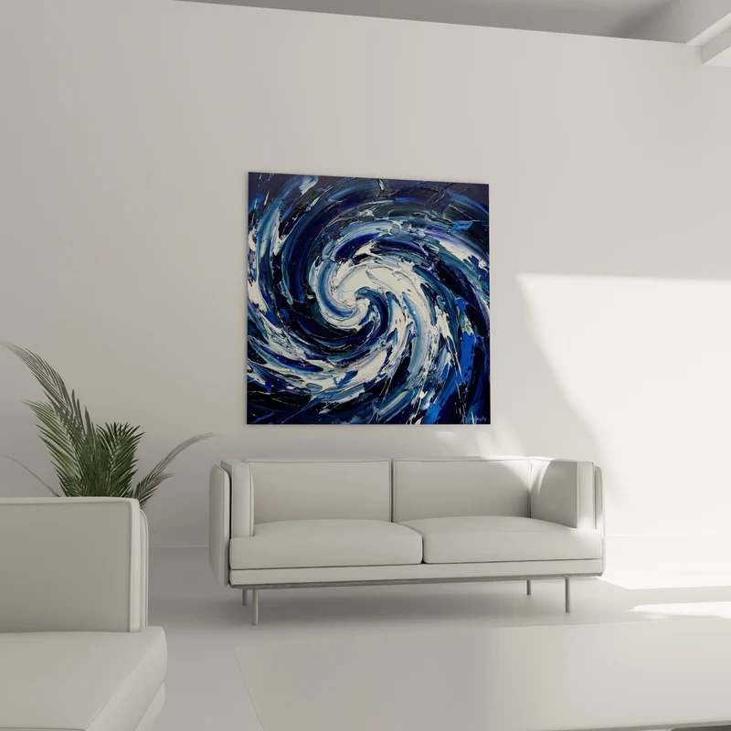 Tableau Tourbillon bleu marine et blanc en spirale - Tempête en mouvement - Edition style peinture