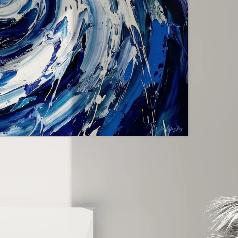 Tableau Tourbillon bleu marine et blanc en spirale - Tempête en mouvement - Edition style peinture