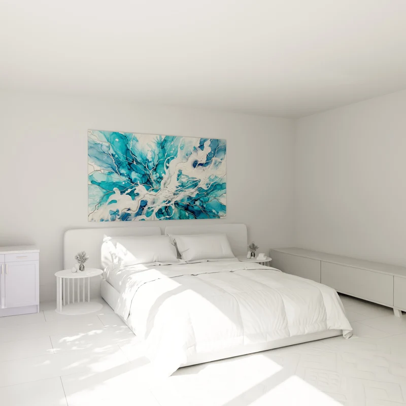 Tableau Ramure abstraite bleu turquoise et blanc - Écume figée - Edition style peinture