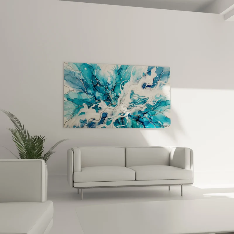 Tableau Ramure abstraite bleu turquoise et blanc - Écume figée - Edition style peinture