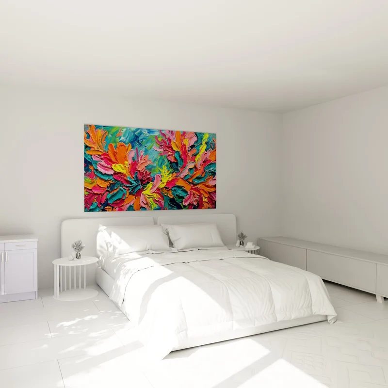 Tableau Fleurs orange et sarcelle en relief - Éclosion tropicale - Edition style peinture