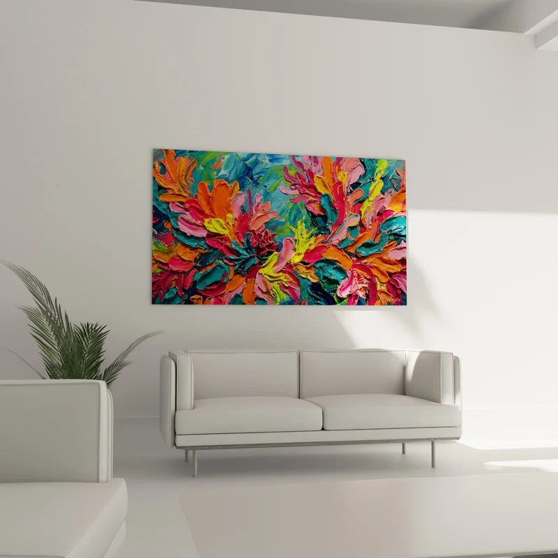 Tableau Fleurs orange et sarcelle en relief - Éclosion tropicale - Edition style peinture