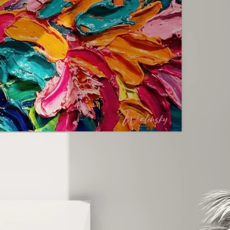 Tableau Fleurs orange et sarcelle en relief - Éclosion tropicale - Edition style peinture