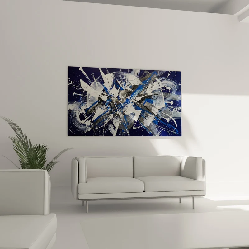 Tableau Clous plantés aux éclats blancs et bleus - Impact central saturé - Edition style peinture