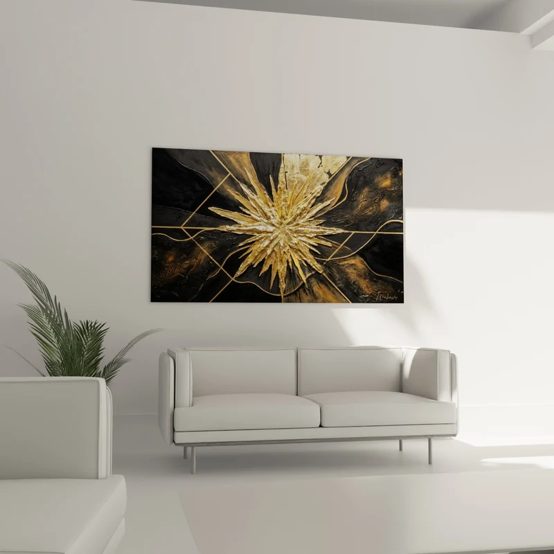 Tableau Étoile dorée aux textures anthracite - Éclosion nocturne - Edition style peinture