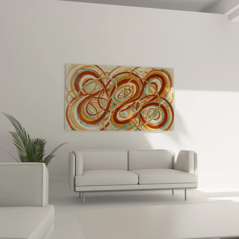 Tableau Spirales entrelacées terracotta et turquoise - Tourbillon suspendu - Edition style peinture