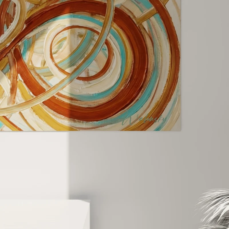 Tableau Spirales entrelacées terracotta et turquoise - Tourbillon suspendu - Edition style peinture