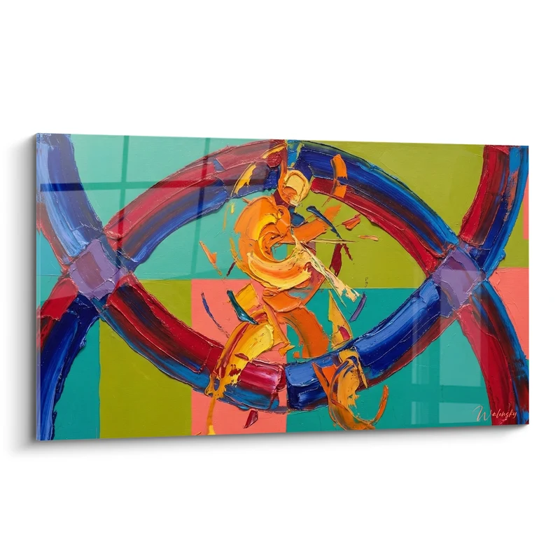 Tableau Anneaux entrelacés bleu et rouge sur damier vert - Tourbillon de couleurs - Edition style peinture