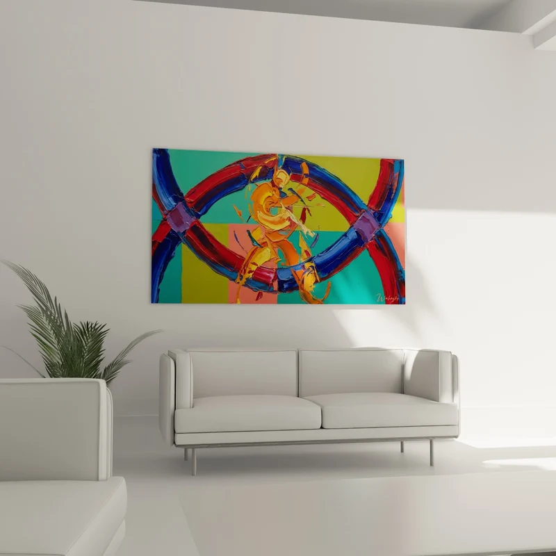 Tableau Anneaux entrelacés bleu et rouge sur damier vert - Tourbillon de couleurs - Edition style peinture