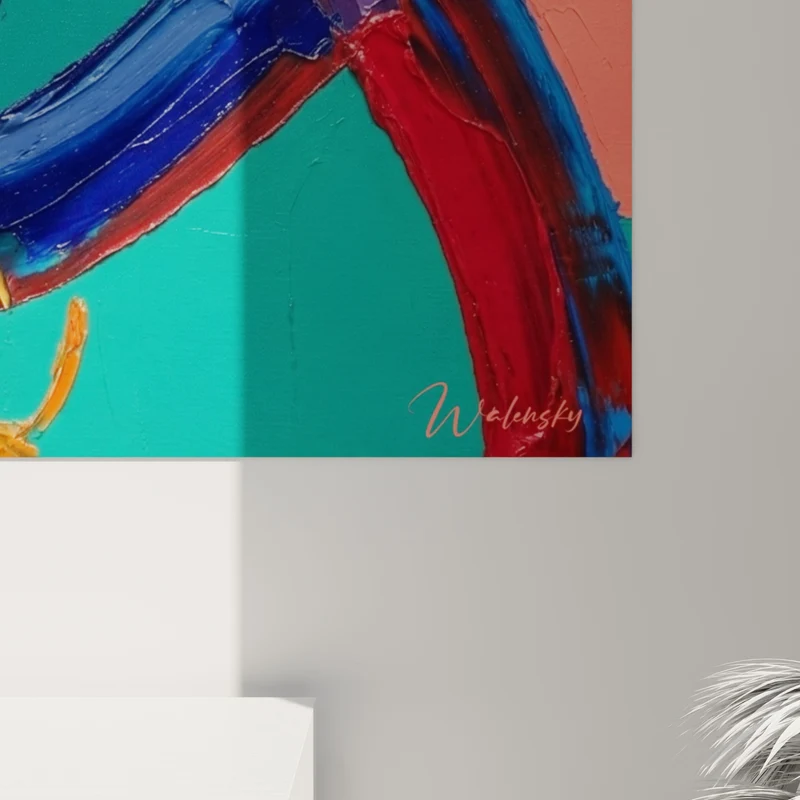 Tableau Anneaux entrelacés bleu et rouge sur damier vert - Tourbillon de couleurs - Edition style peinture