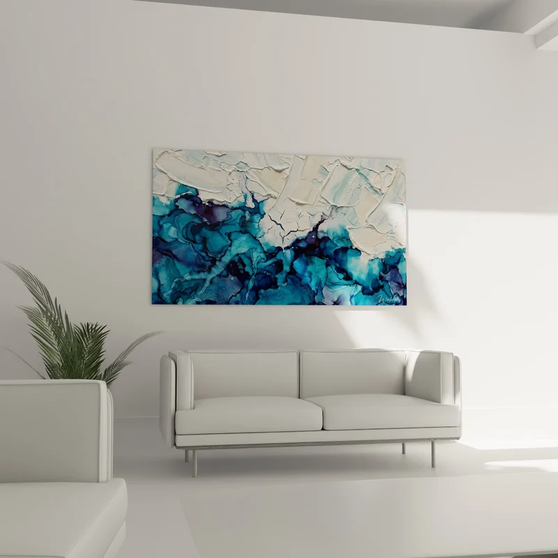 Tableau Vagues abstraites bleu turquoise et blanc crème - Rencontre des profondeurs - Edition style peinture