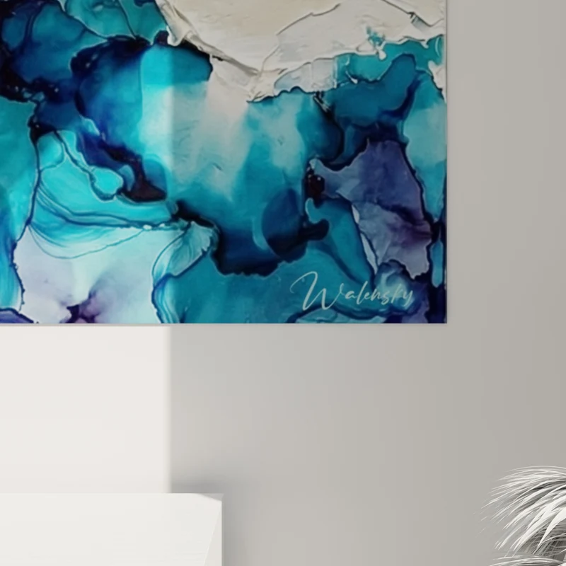 Tableau Vagues abstraites bleu turquoise et blanc crème - Rencontre des profondeurs - Edition style peinture