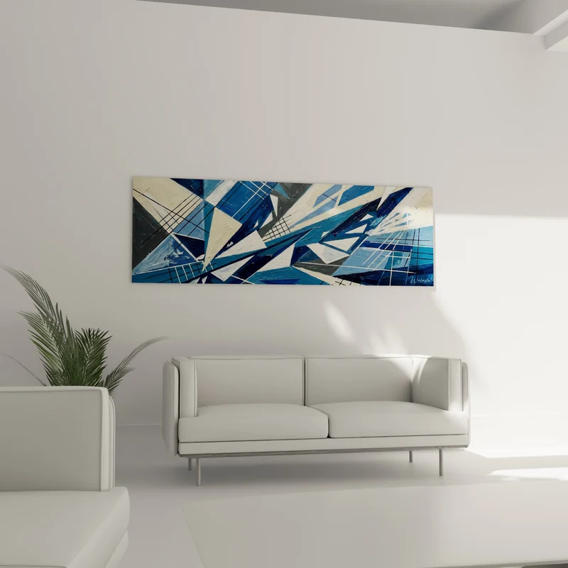 Tableau Triangles éclatés bleu marine et ivoire aux fines lignes quadrillées - Éclats triangulaires géométriques - Edition style peinture