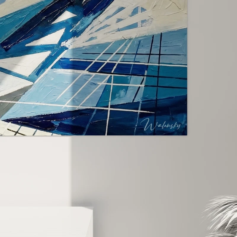 Tableau Triangles éclatés bleu marine et ivoire aux fines lignes quadrillées - Éclats triangulaires géométriques - Edition style peinture