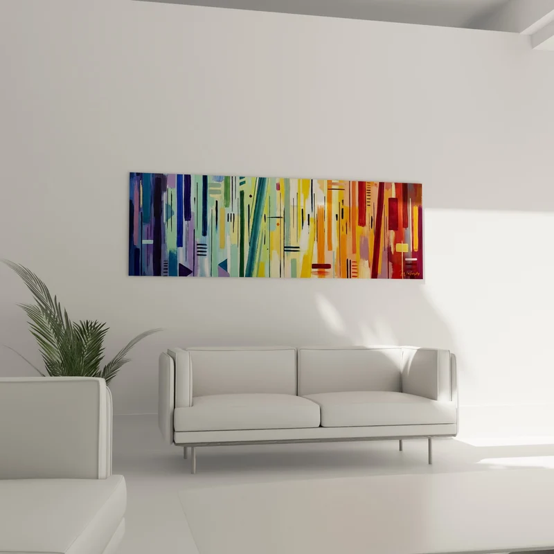 Tableau Bandes verticales bleues et orangées vibrantes - Traversée chromatique - Edition style peinture