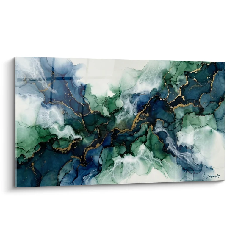 Tableau Marbrure bleu et vert veinée d'or - Courant des profondeurs - Edition abstrait moderne