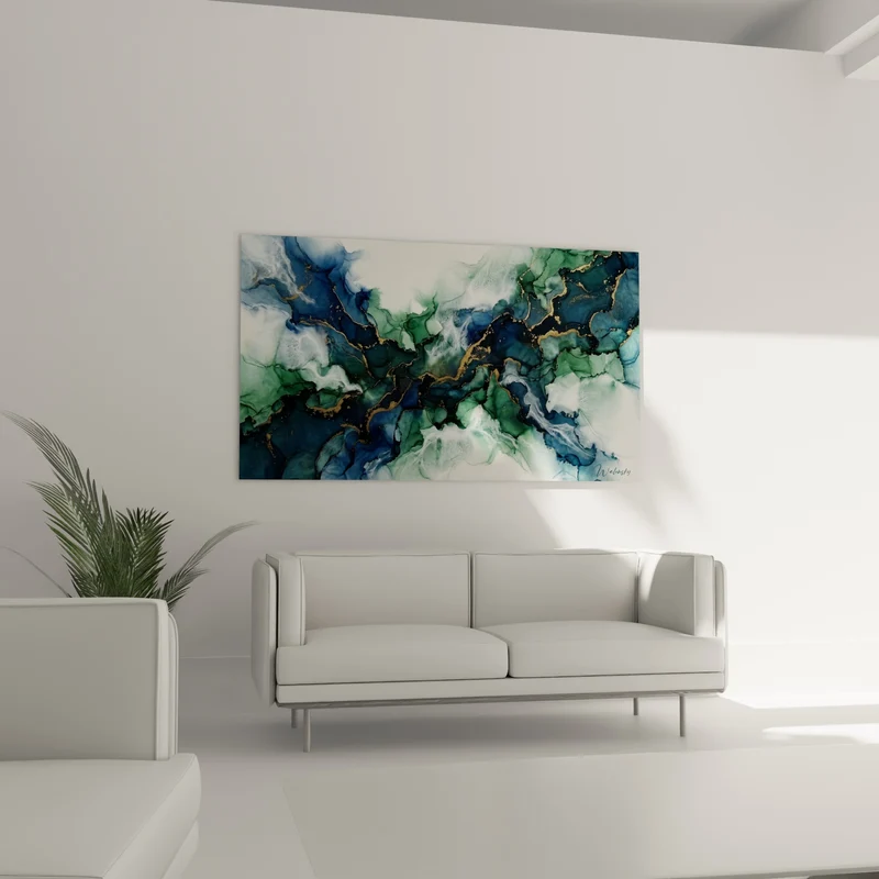 Tableau Marbrure bleu et vert veinée d'or - Courant des profondeurs - Edition abstrait moderne