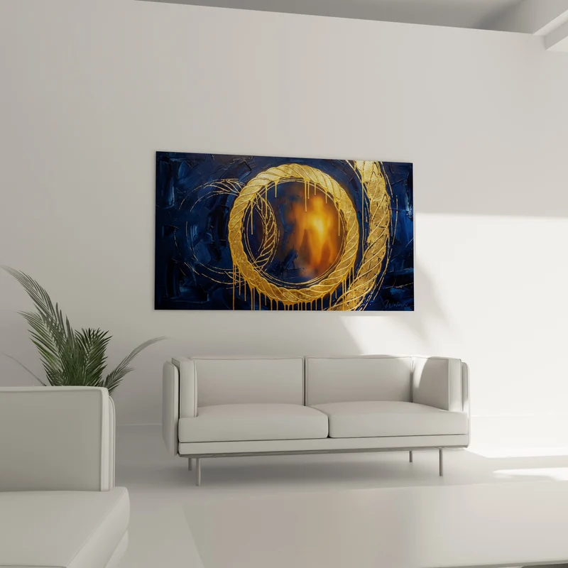 Tableau Cercle doré aux coulures bleu marine et or - Portail lumineux - Edition abstrait moderne
