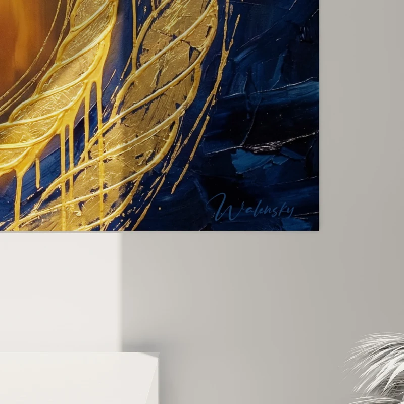 Tableau Cercle doré aux coulures bleu marine et or - Portail lumineux - Edition abstrait moderne