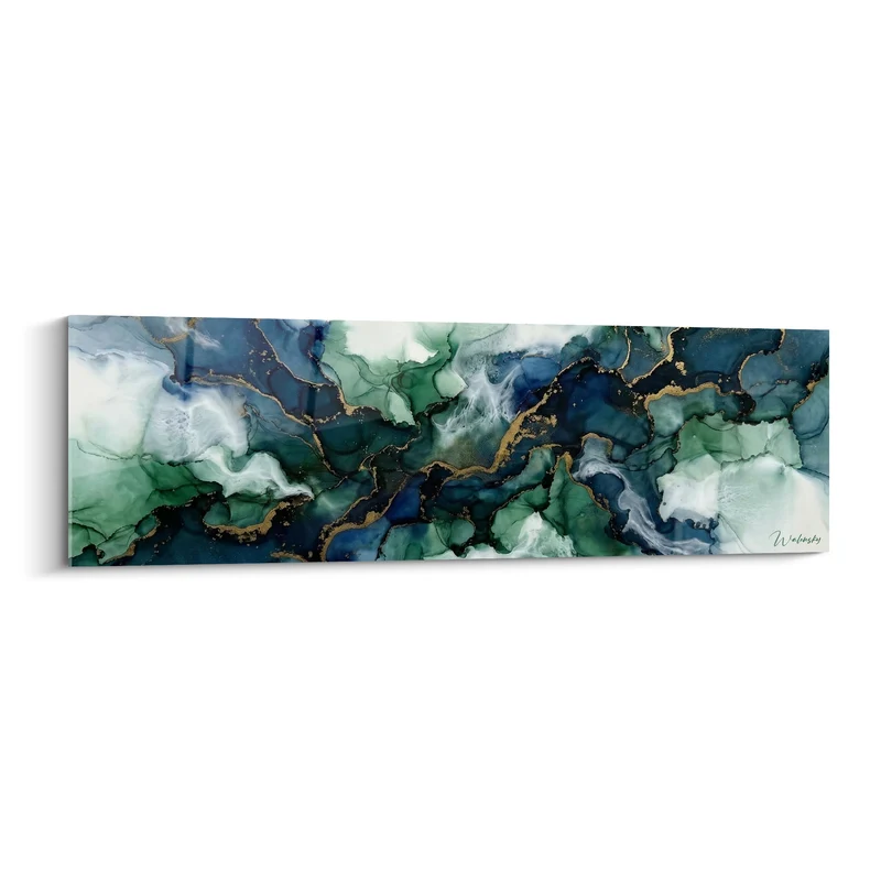 Tableau Marbrures bleu marine et vert émeraude dorées - Courants profonds - Edition abstrait moderne